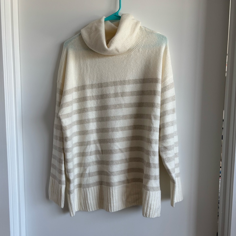 LOFt Striped Cream and Gold Turtleneck Sweater